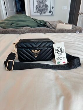 Valentino Orlandi Black Quilted Crossbody with Gold-Tone Emblem NWT